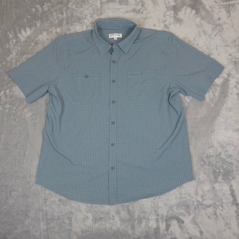 Orvis Shirt Mens XL Blue Grey Plaid Short Sleeve Outdoor Hiking Button Up
